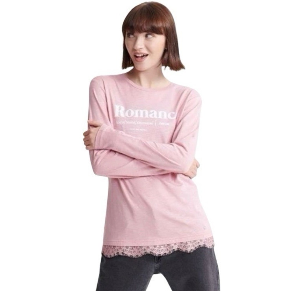 Superdry Tilly Lace Graphic Long‎ Sleeve Romance Top 6 Rose Pink